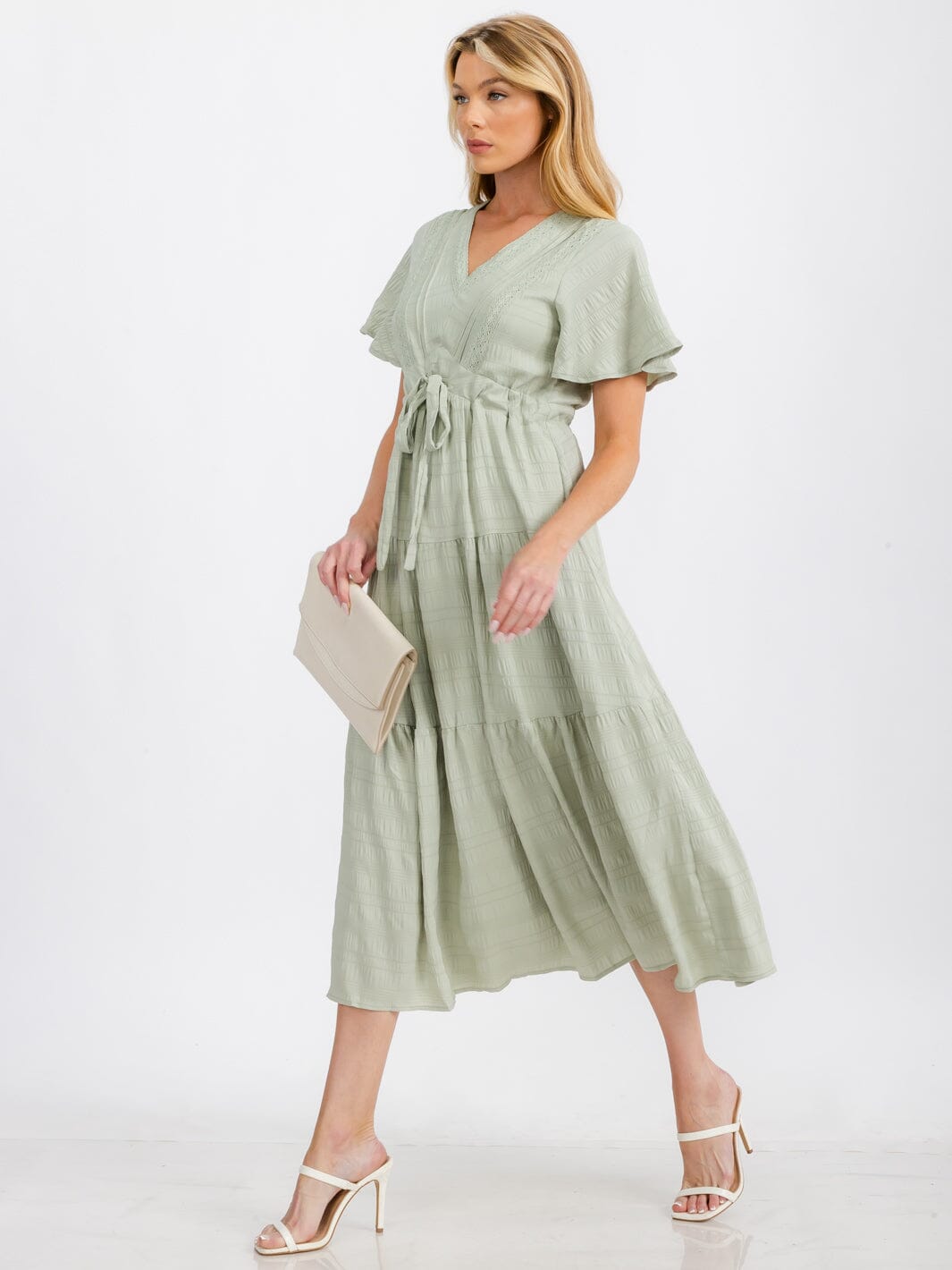 WOMEN'S SHORT SLEEVE V-NECK SELF TIE DETAILED MAXI DRESS