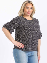 PLUS SIZE SHORT RUFFLE SLEEVE ANIMAL PRINT BLOUSE
