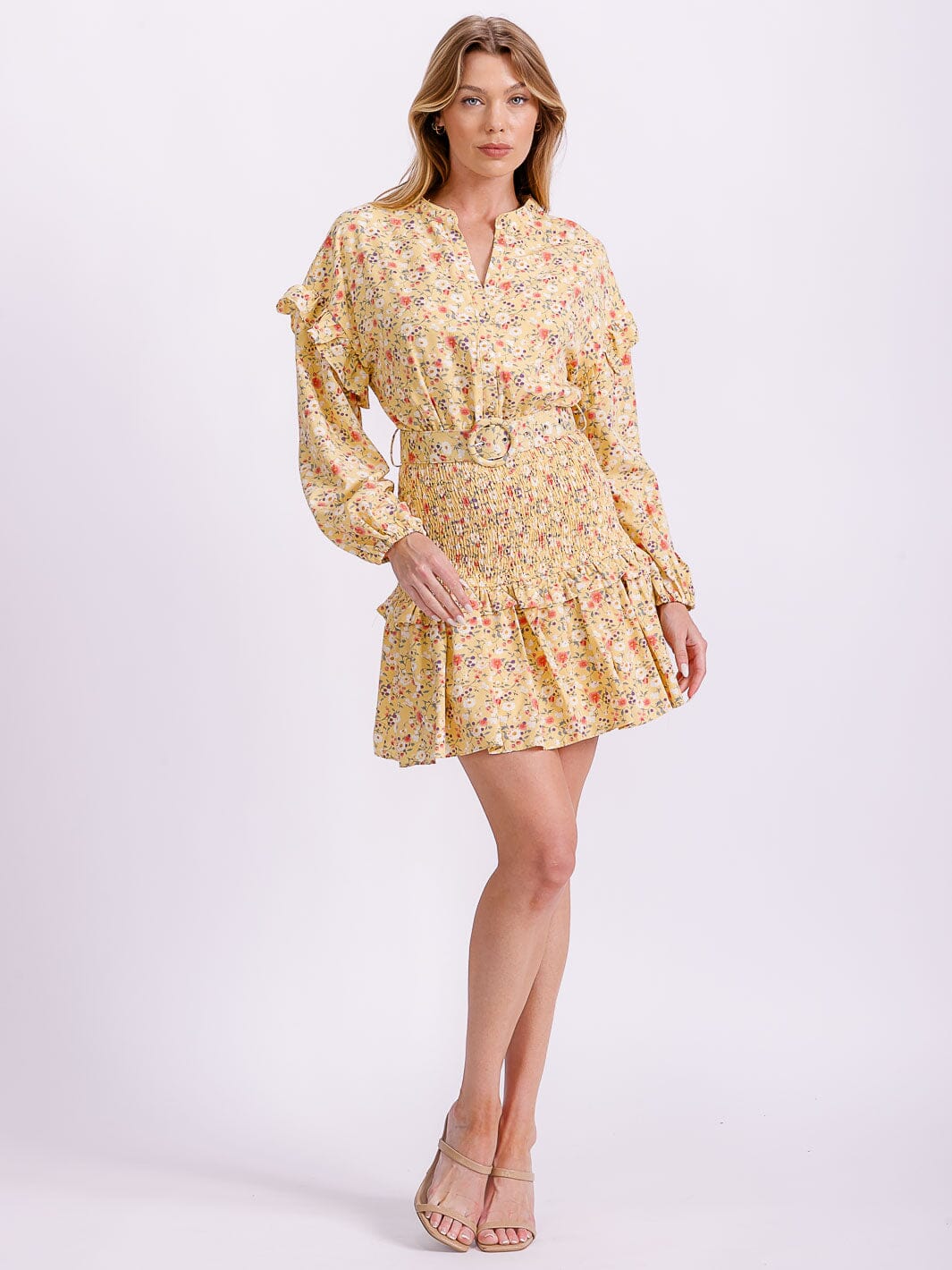WOMEN'S LONG SLEEVE V-NECK SMOCK BELTED BUTTON UP FLORAL MINI DRESS