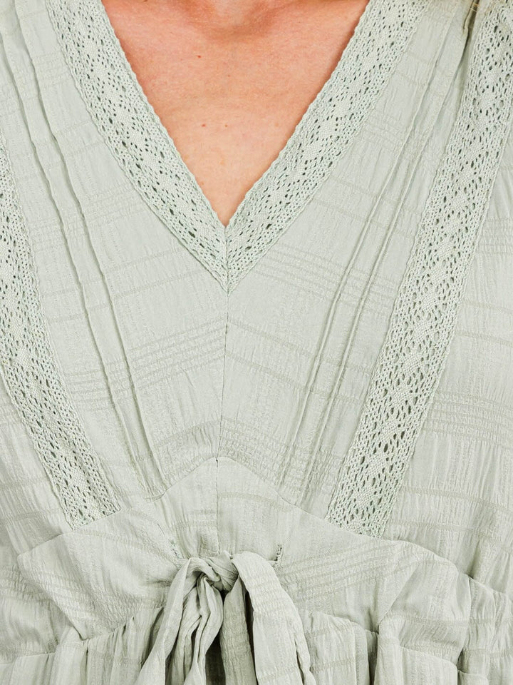 WOMEN'S SHORT SLEEVE V-NECK SELF TIE DETAILED MAXI DRESS