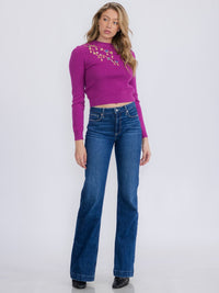 WOMEN'S LONG SLEEVE STUDS DETAILED PULLOVER SWEATER