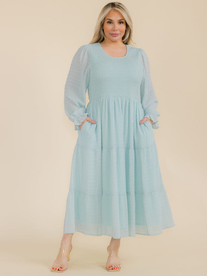 PLUS SIZE LONG SLEEVE SMOCK FRONT POCKETS MAXI DRESS