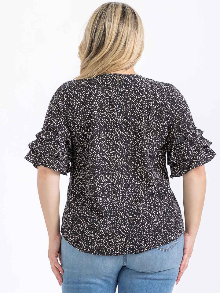 PLUS SIZE SHORT RUFFLE SLEEVE ANIMAL PRINT BLOUSE