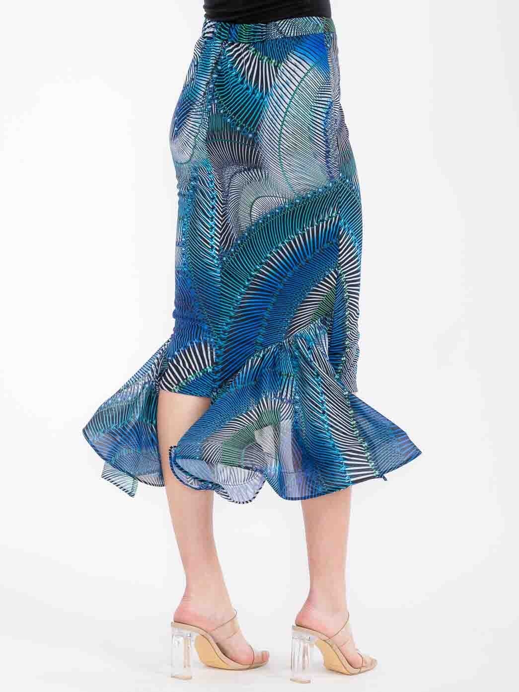 WOMEN'S ZIPPER CLOSURE RUFFLE HIGH-LOW MULTI PRINT MIDI SKIRT