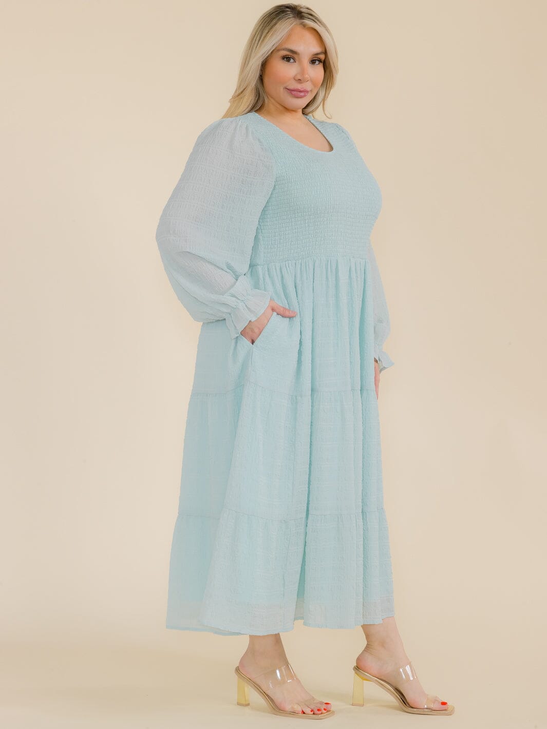 PLUS SIZE LONG SLEEVE SMOCK FRONT POCKETS MAXI DRESS