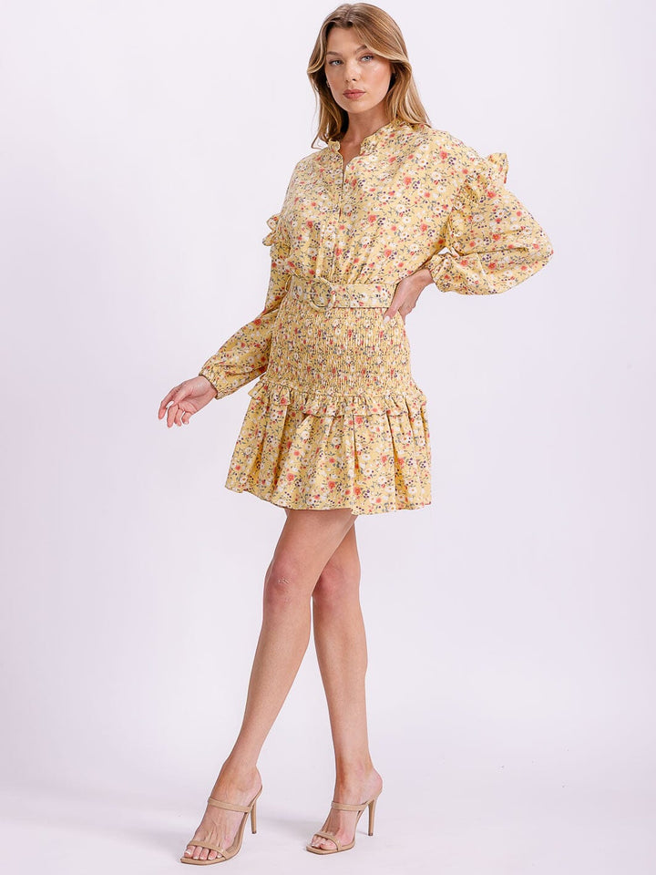 WOMEN'S LONG SLEEVE V-NECK SMOCK BELTED BUTTON UP FLORAL MINI DRESS