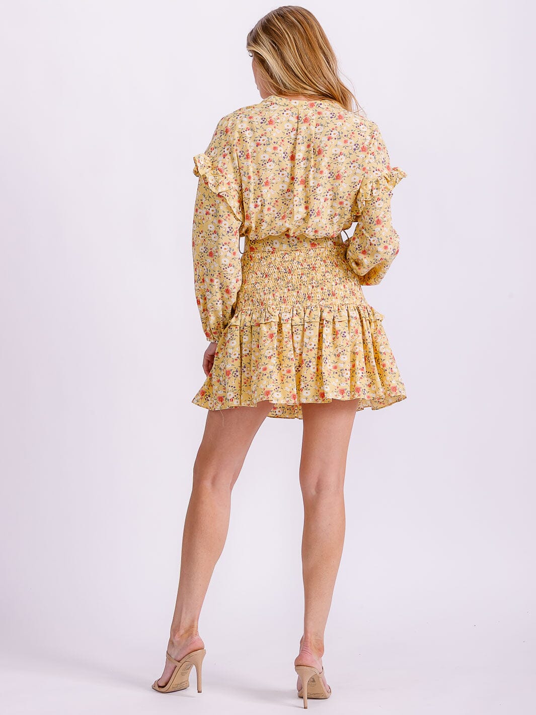 WOMEN'S LONG SLEEVE V-NECK SMOCK BELTED BUTTON UP FLORAL MINI DRESS