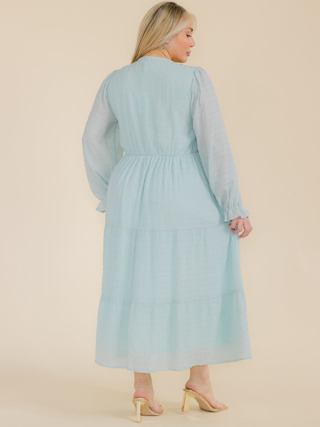 PLUS SIZE LONG SLEEVE SMOCK FRONT POCKETS MAXI DRESS