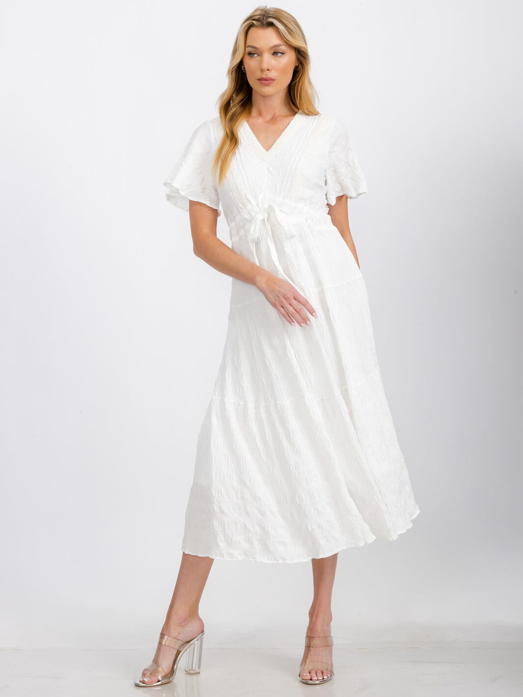 WOMEN'S SHORT SLEEVE V-NECK SELF TIE DETAILED MAXI DRESS