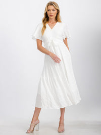 WOMEN'S SHORT SLEEVE V-NECK SELF TIE DETAILED MAXI DRESS