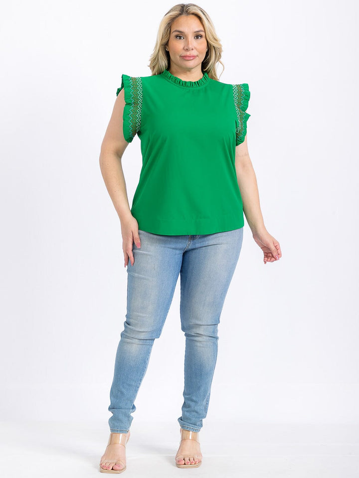 PLUS SIZE RUFFLE SLEEVE MOCK NECK TRIM DETAILED BLOUSE