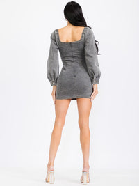 WOMEN'S LONG SLEEVE V-NECK BODYCON DENIM MINI DRESS
