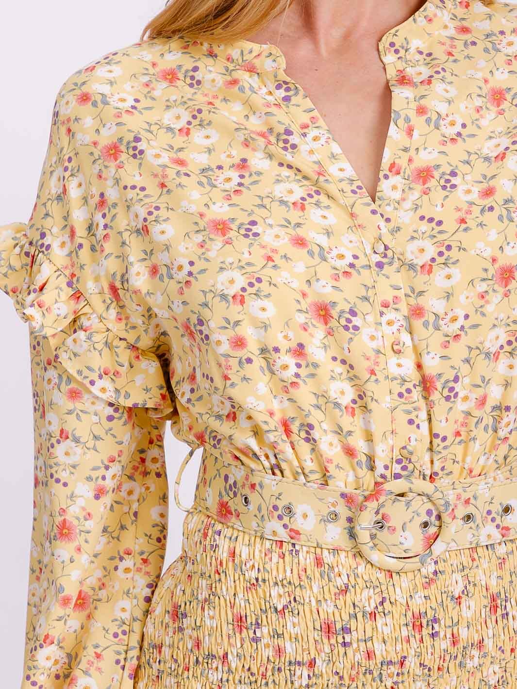 WOMEN'S LONG SLEEVE V-NECK SMOCK BELTED BUTTON UP FLORAL MINI DRESS
