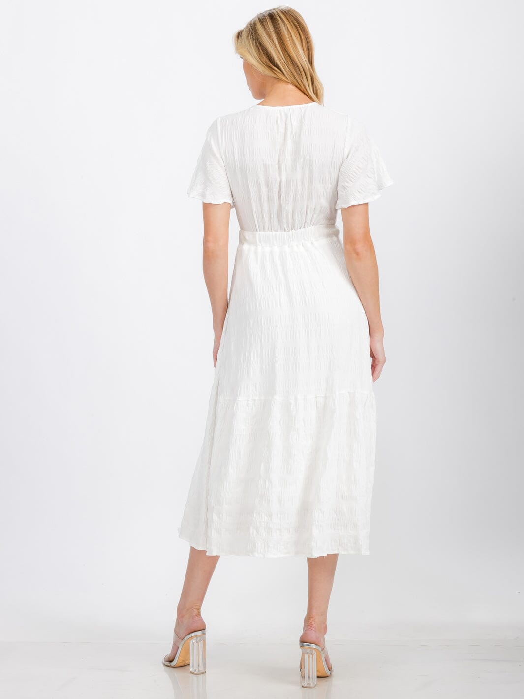 WOMEN'S SHORT SLEEVE V-NECK SELF TIE DETAILED MAXI DRESS