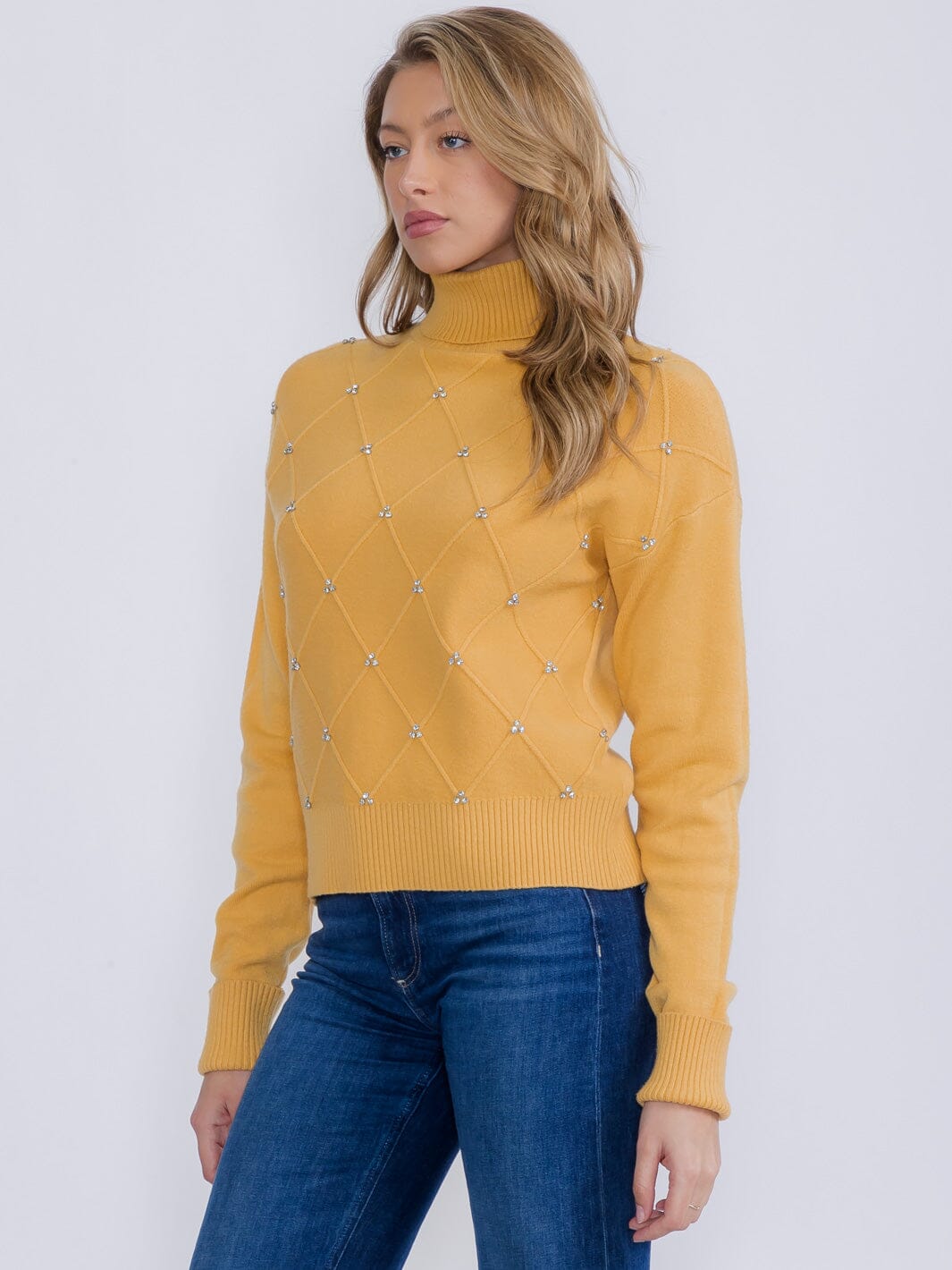 WOMEN'S LONG SLEEVE TURTLE NECK STUDS PULLOVER SWEATER