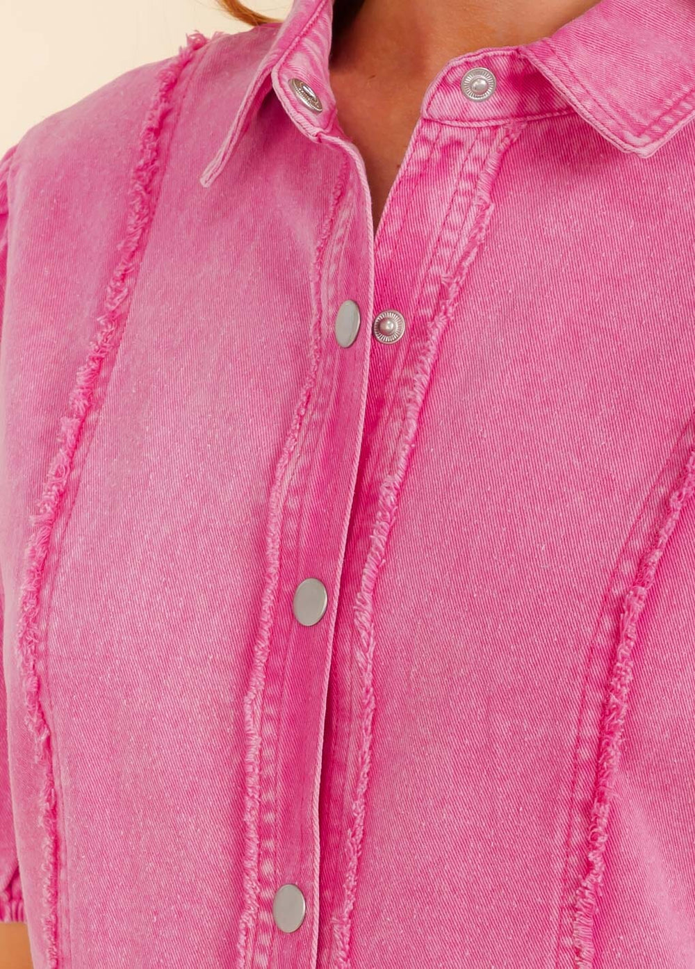 WOMEN'S SHORT SLEEVE FRONT POCKETS BUTTON UP DENIM MINI DRESS
