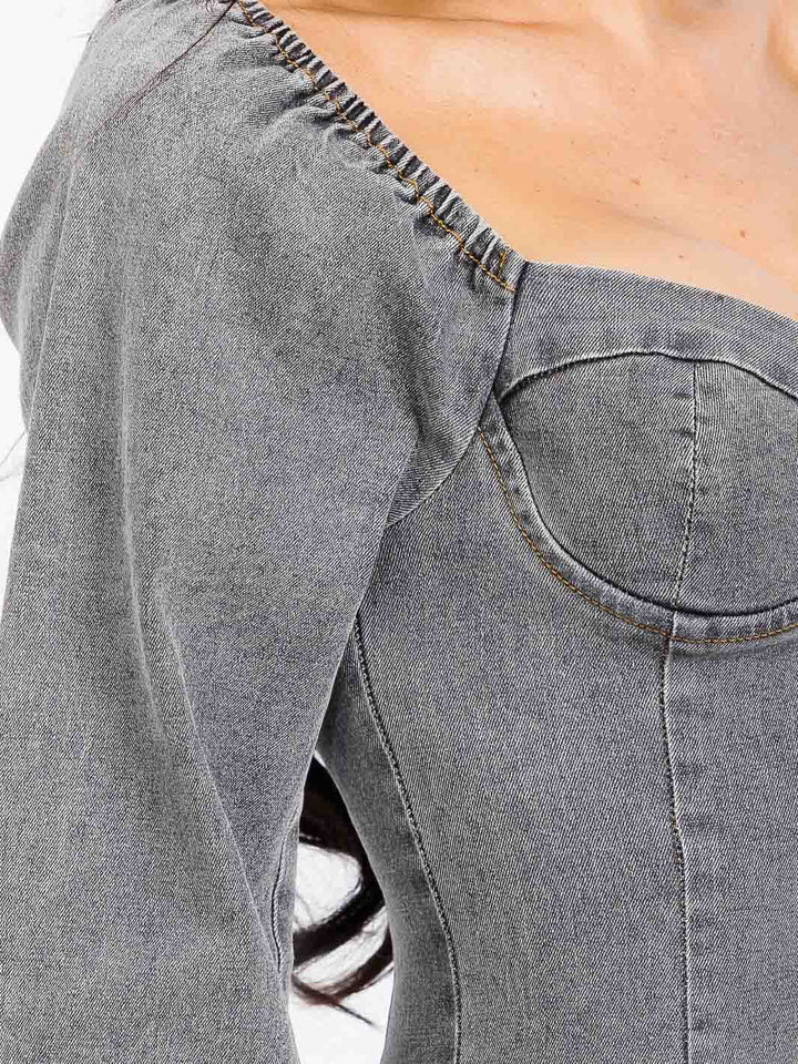 WOMEN'S LONG SLEEVE V-NECK BODYCON DENIM MINI DRESS