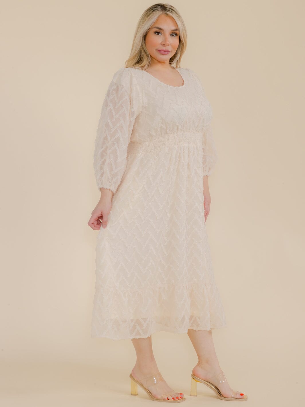 PLUS SIZE LONG SLEEVE SMOCK WAIST DETAILED MAXI DRESS