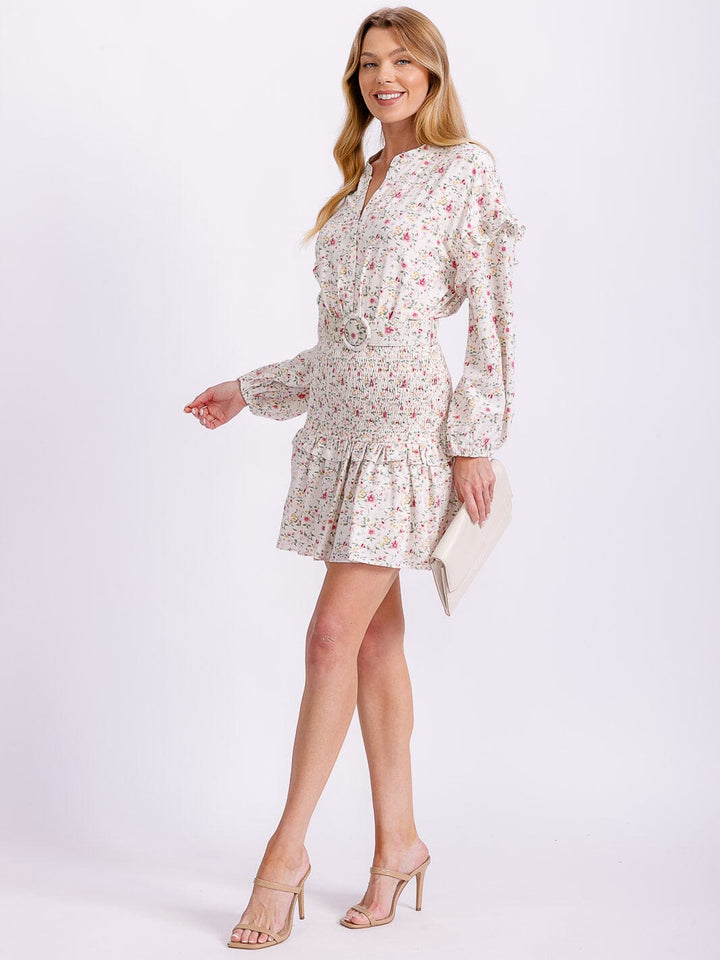 WOMEN'S LONG SLEEVE V-NECK SMOCK BELTED BUTTON UP FLORAL MINI DRESS