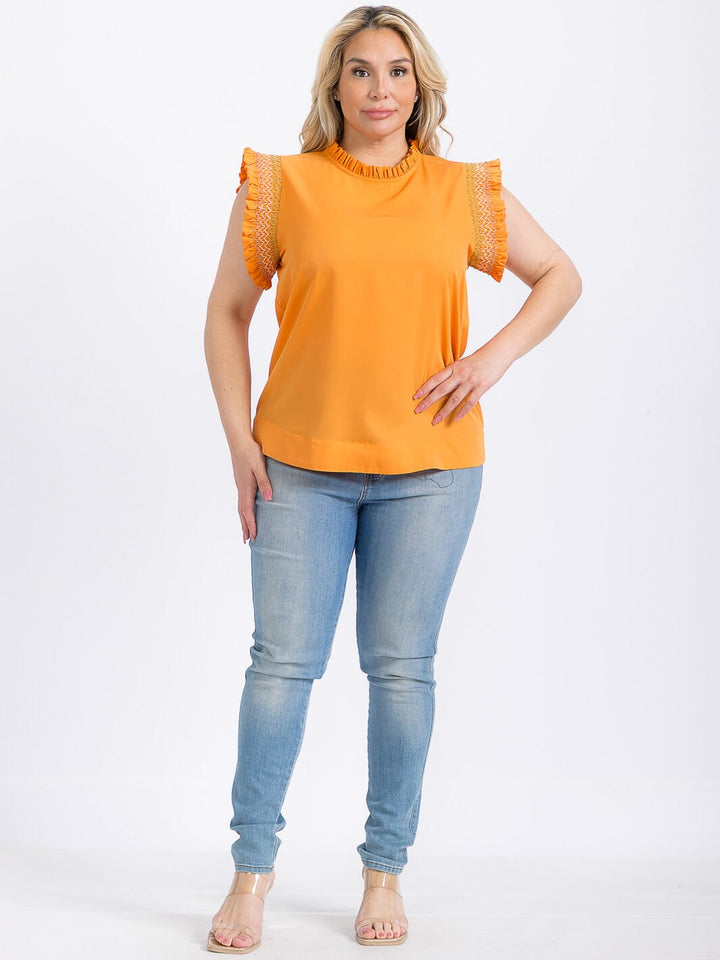 PLUS SIZE RUFFLE SLEEVE MOCK NECK TRIM DETAILED BLOUSE