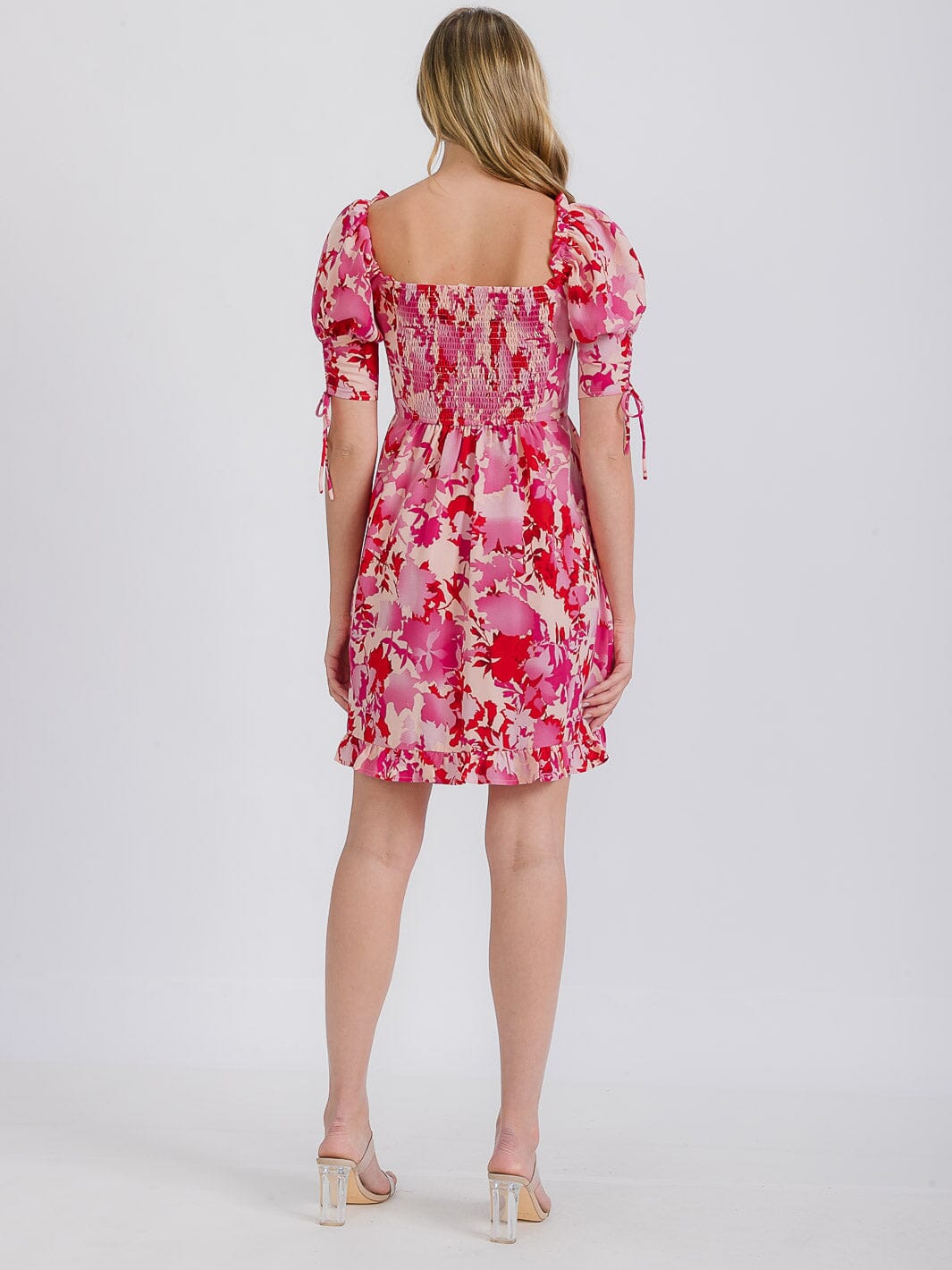 WOMEN'S SHORT SLEEVE FLORAL SMOCKED SATIN MINI DRESS
