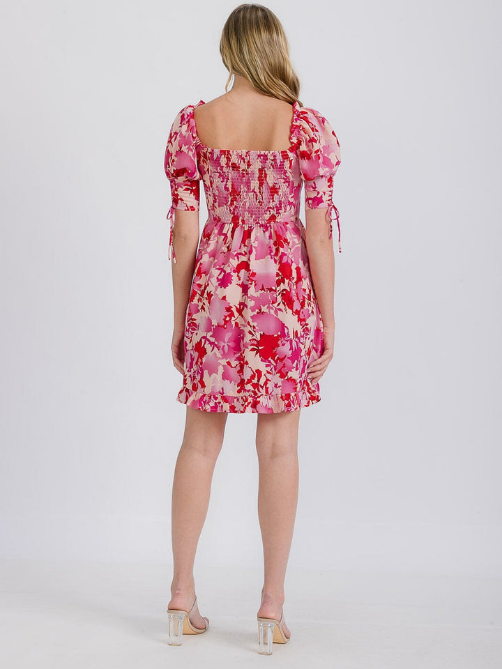 WOMEN'S SHORT SLEEVE FLORAL SMOCKED SATIN MINI DRESS
