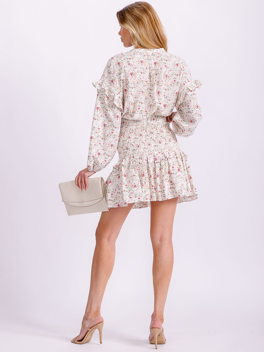 WOMEN'S LONG SLEEVE V-NECK SMOCK BELTED BUTTON UP FLORAL MINI DRESS