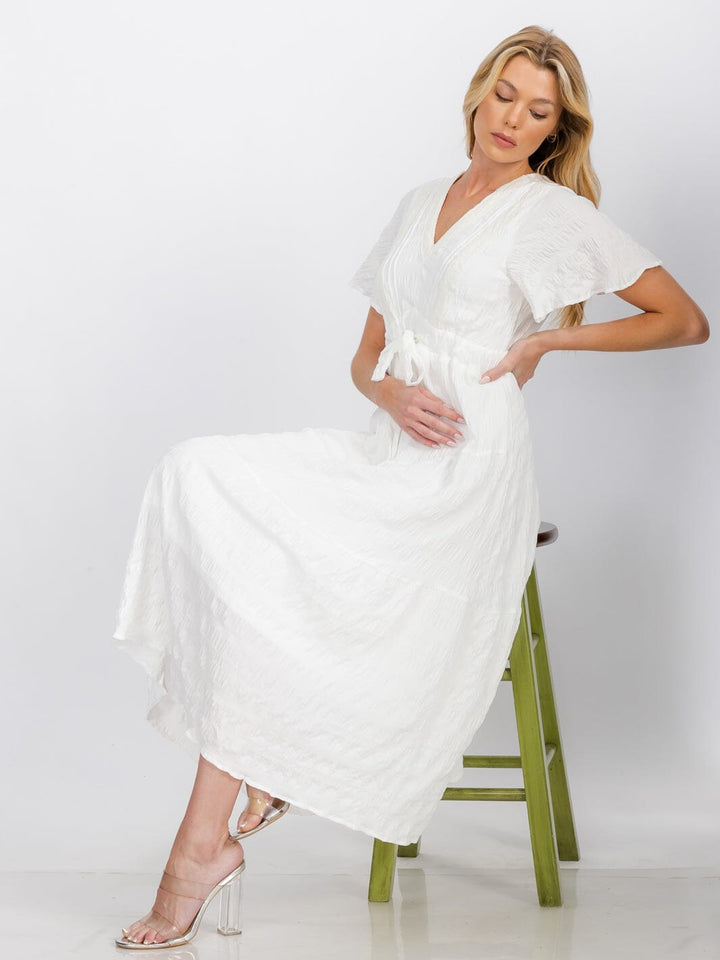 WOMEN'S SHORT SLEEVE V-NECK SELF TIE DETAILED MAXI DRESS