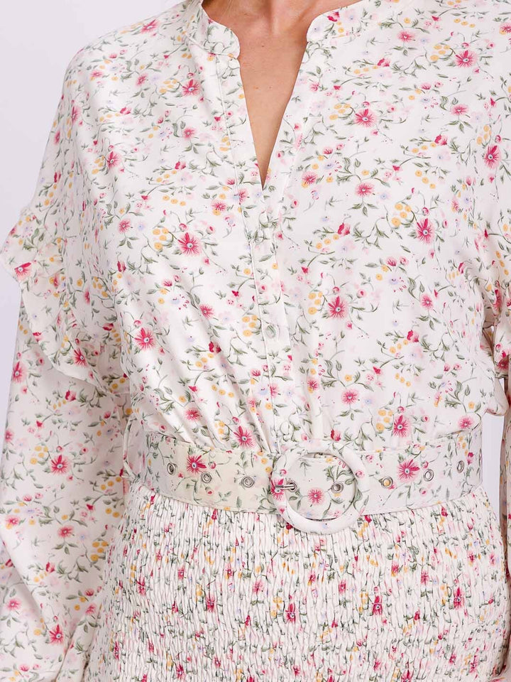 WOMEN'S LONG SLEEVE V-NECK SMOCK BELTED BUTTON UP FLORAL MINI DRESS