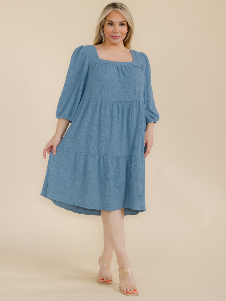 PLUS SIZE 3/4 SLEEVE FRONT POCKETS TIERED MIDI DRESS