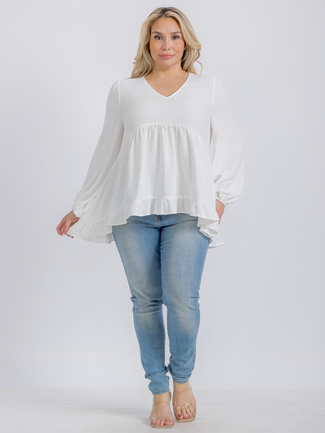 PLUS SIZE LONG SLEEVE V-NECK RUFFLE HIGH-LOW BLOUSE