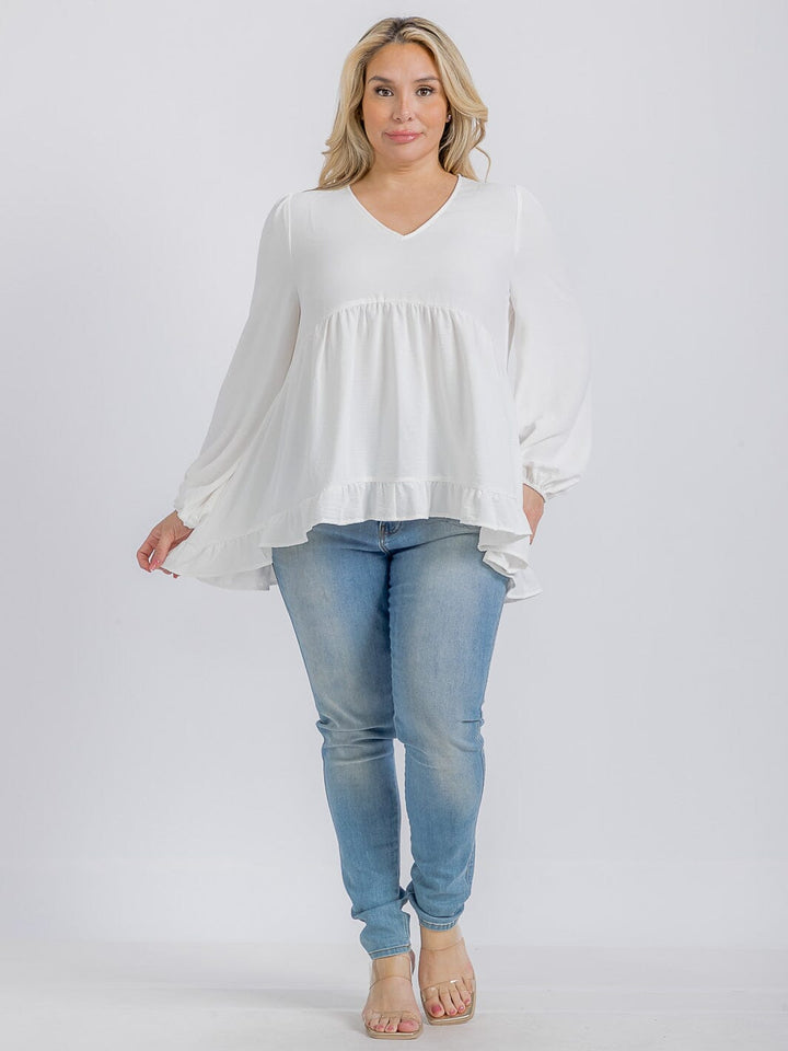 PLUS SIZE LONG SLEEVE V-NECK RUFFLE HIGH-LOW BLOUSE