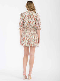 WOMEN'S 3/4 SLEEVE V-NECK SMOCK FLORAL MINI DRESS
