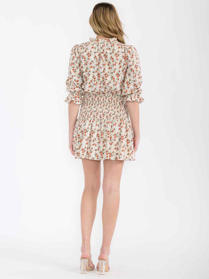 WOMEN'S 3/4 SLEEVE V-NECK SMOCK FLORAL MINI DRESS
