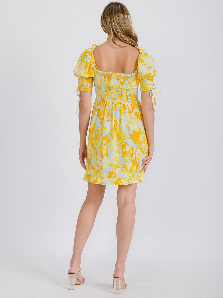 WOMEN'S SHORT SLEEVE FLORAL SMOCKED SATIN MINI DRESS