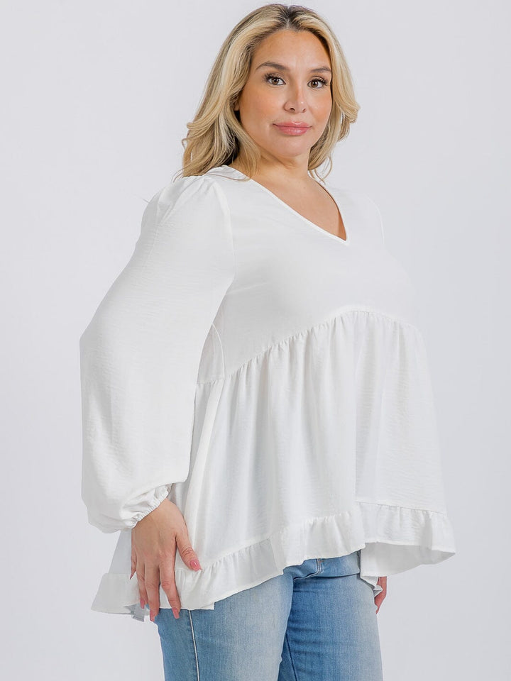 PLUS SIZE LONG SLEEVE V-NECK RUFFLE HIGH-LOW BLOUSE
