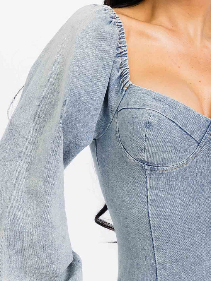 WOMEN'S LONG SLEEVE V-NECK BODYCON DENIM MINI DRESS