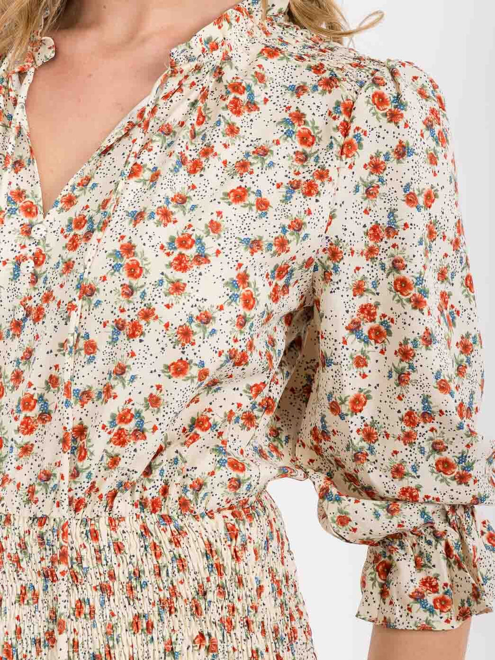 WOMEN'S 3/4 SLEEVE V-NECK SMOCK FLORAL MINI DRESS