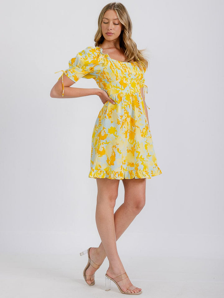 WOMEN'S SHORT SLEEVE FLORAL SMOCKED SATIN MINI DRESS