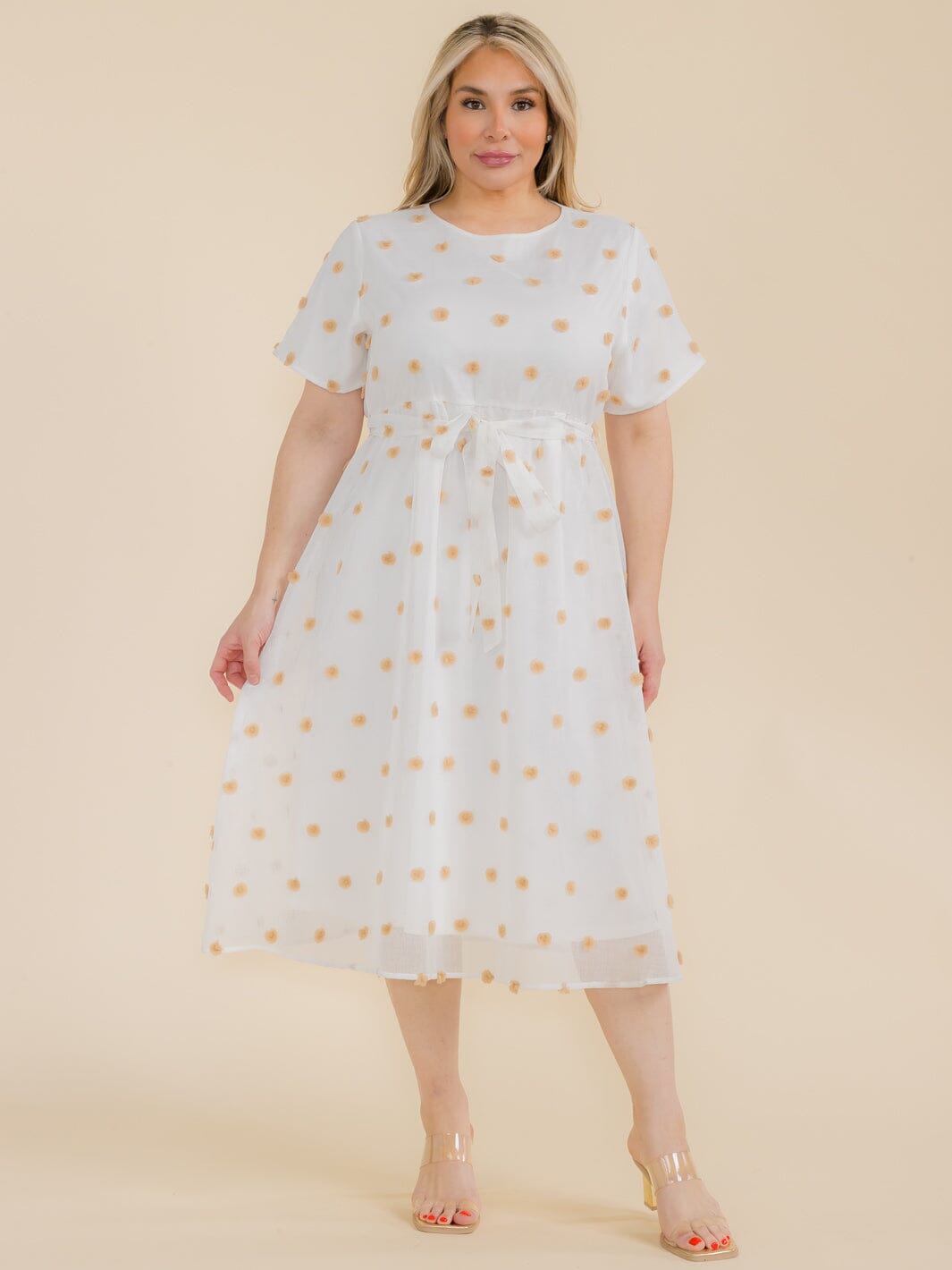 PLUS SIZE SHORT SLEEVE SWISS DOT DETAILED SELF TIE MIDI DRESS