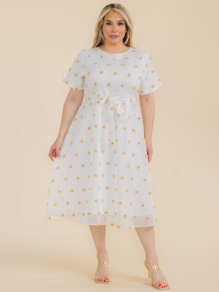 PLUS SIZE SHORT SLEEVE SWISS DOT DETAILED SELF TIE MIDI DRESS