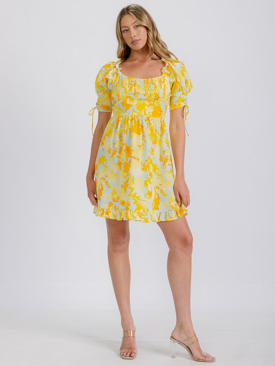 WOMEN'S SHORT SLEEVE FLORAL SMOCKED SATIN MINI DRESS