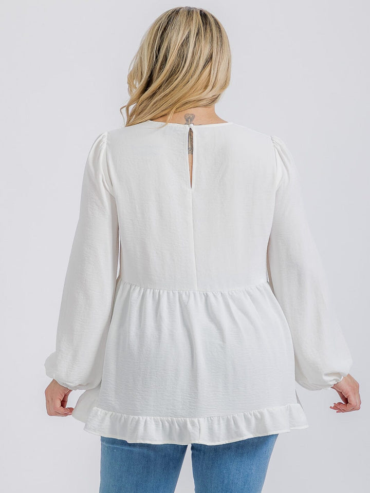 PLUS SIZE LONG SLEEVE V-NECK RUFFLE HIGH-LOW BLOUSE