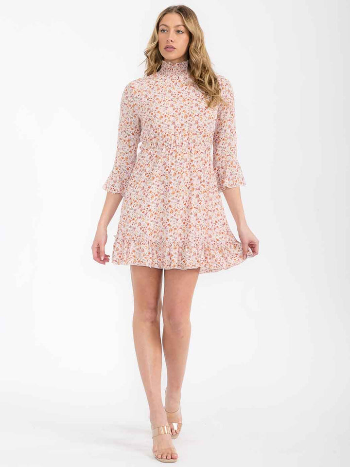 WOMEN'S 3/4 SLEEVES MOCK NECK ELASTIC WAIST FLORAL MINI DRESS