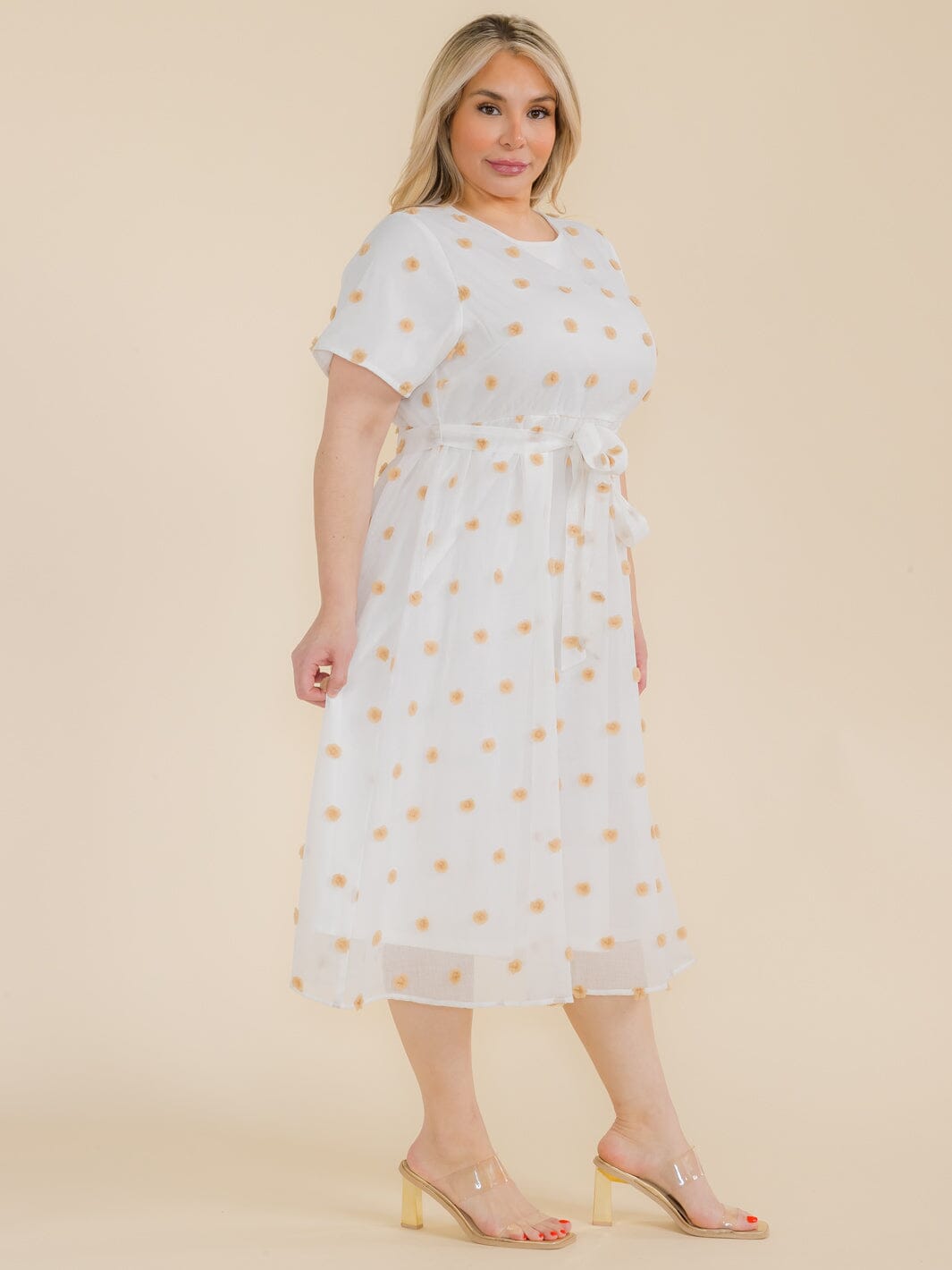 PLUS SIZE SHORT SLEEVE SWISS DOT DETAILED SELF TIE MIDI DRESS