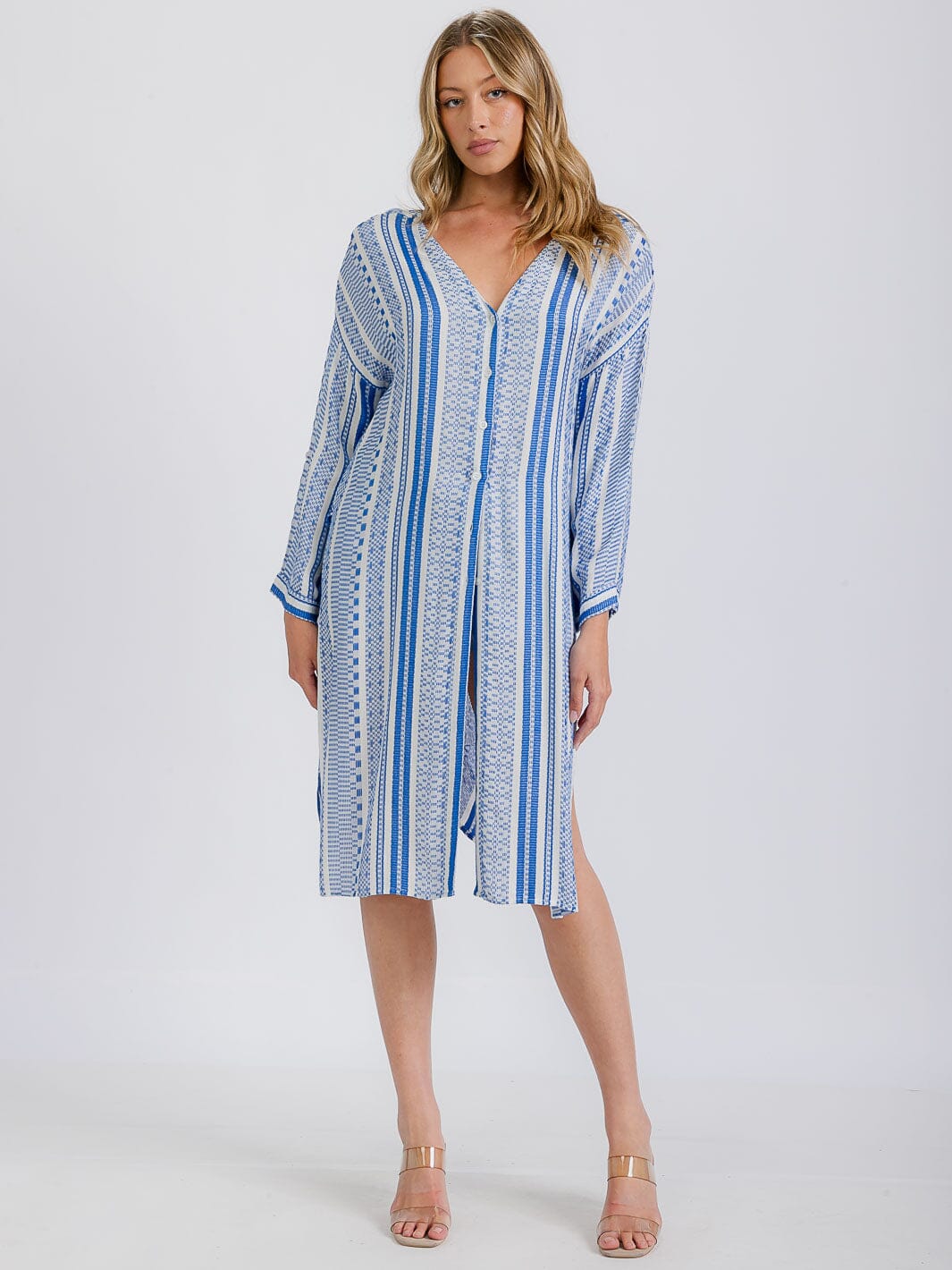 WOMEN'S LONG SLEEVE BUTTON UP COVER UP MIDI DRESS