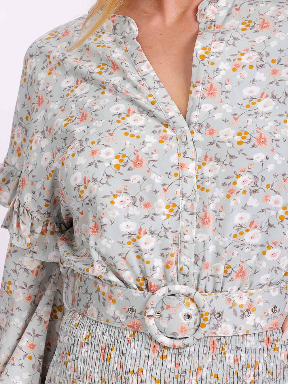 WOMEN'S LONG SLEEVE V-NECK SMOCK BELTED BUTTON UP FLORAL MINI DRESS