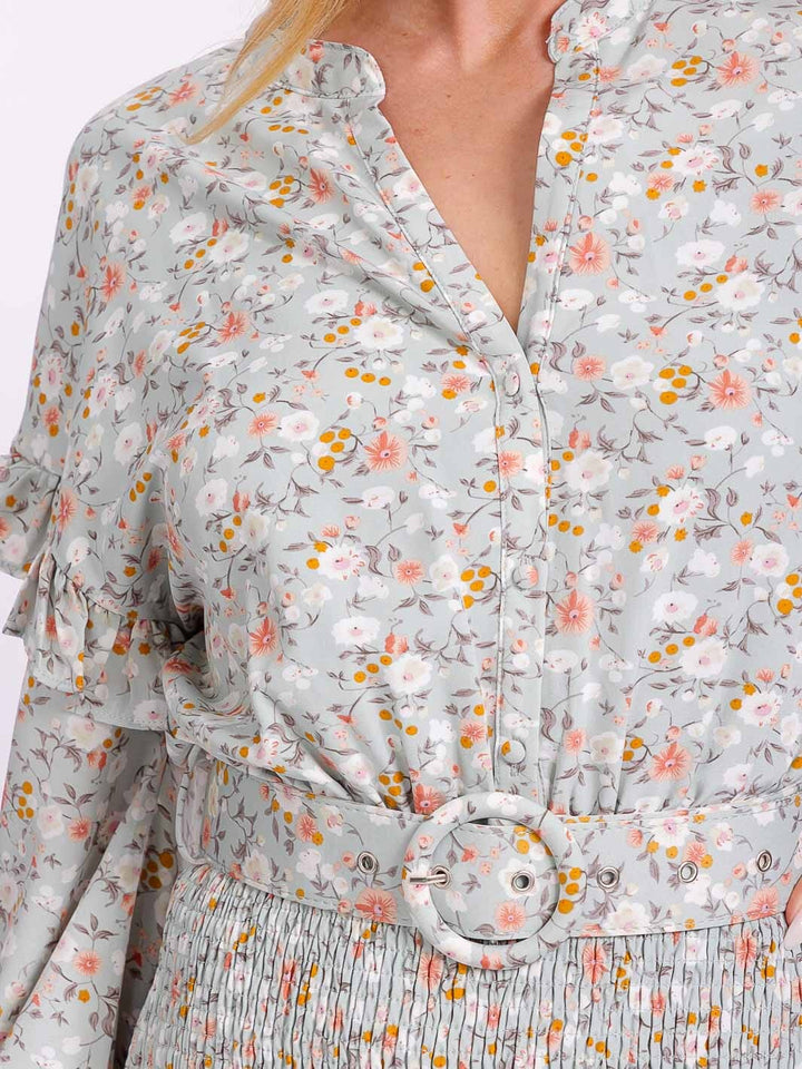 WOMEN'S LONG SLEEVE V-NECK SMOCK BELTED BUTTON UP FLORAL MINI DRESS