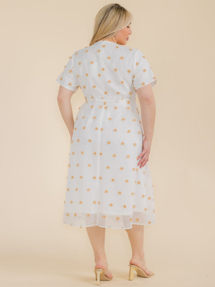 PLUS SIZE SHORT SLEEVE SWISS DOT DETAILED SELF TIE MIDI DRESS