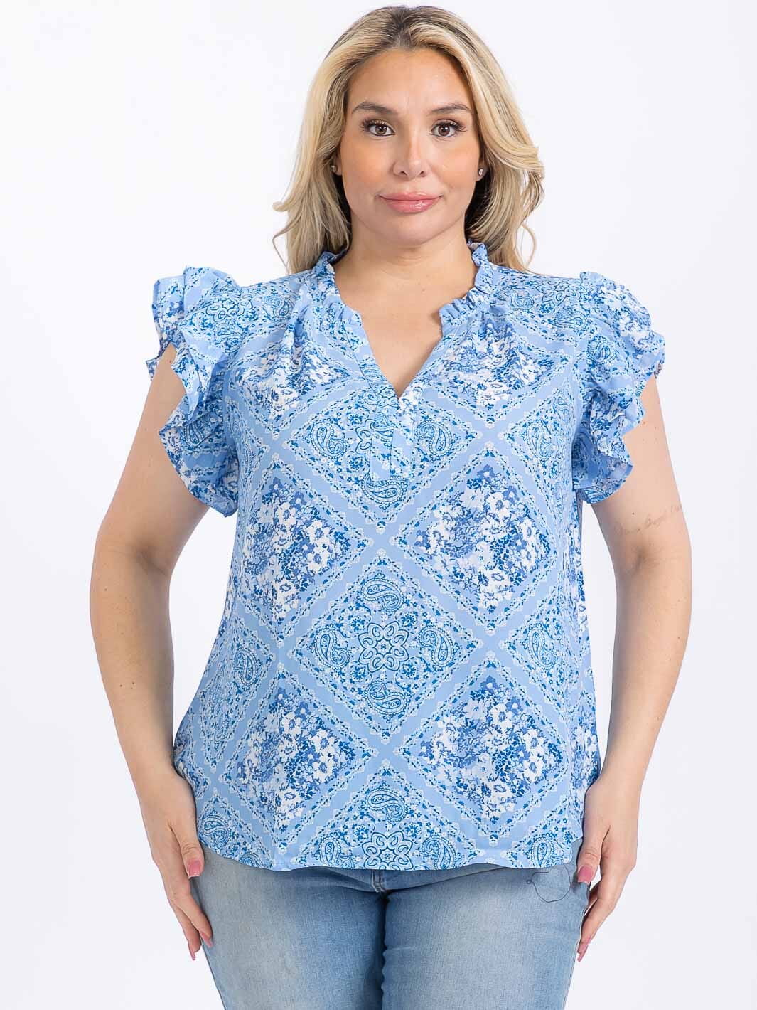 PLUS SIZE SHORT RUFFLE SLEEVE V-NECK MULTI PRINT BLOUSE